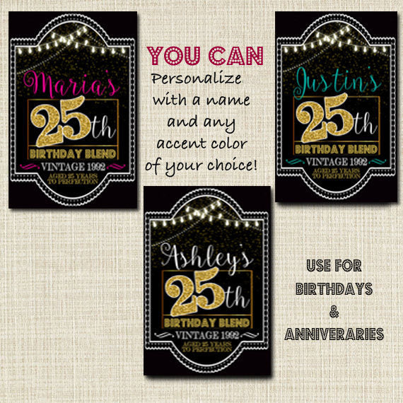 25th Birthday Custom Wine Labels, 25th Anniversary, Cheers to 25 Years, 25th Birthday Gift, 25th Party, Vintage Aged to Perfection