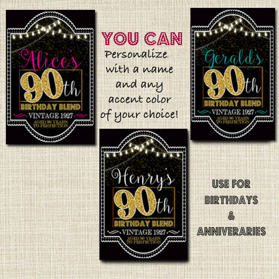 90th Birthday Custom Wine Labels, Cheers to 90 Years, 90th Birthday Gift, 90th Party, Vintage Aged to Perfection 90th Printable