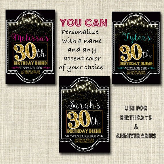 30th Birthday Custom Wine Labels, Cheers to 30 Years, 30th Birthday Gift, 30th Party, Vintage Aged to Perfection 30th Printable
