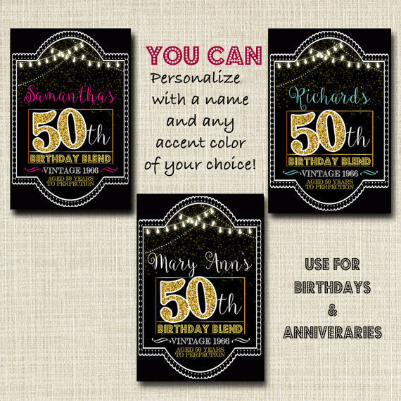 50th Birthday Custom Wine Labels, Cheers to 50 Years, 50th Anniversary Gift, 50th Party, Vintage Aged to Perfection 50th Birthday