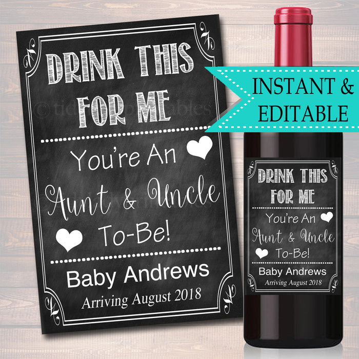 Drink This For Me You're An Aunt & Uncle To Be, Digital Wine Label Pregnancy Announcement New Aunt Gift, Couple's Friends Baby Surprise Gift