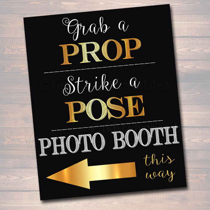 Photo Booth Signs Black and Gold Party Decor, Wedding Party Sign, Grab a Prop & Strike a Pose, Graduation Party, Printable, INSTANT DOWNLOAD