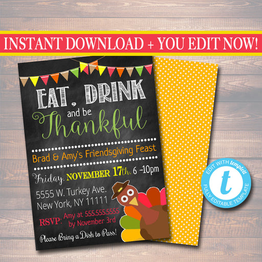 Printable Friendsgiving Party Invitation, Thanksgiving Party Invite,  Adult Thanksgiving Party, Eat Drink & Be Thankful, Friendsgiving Feast