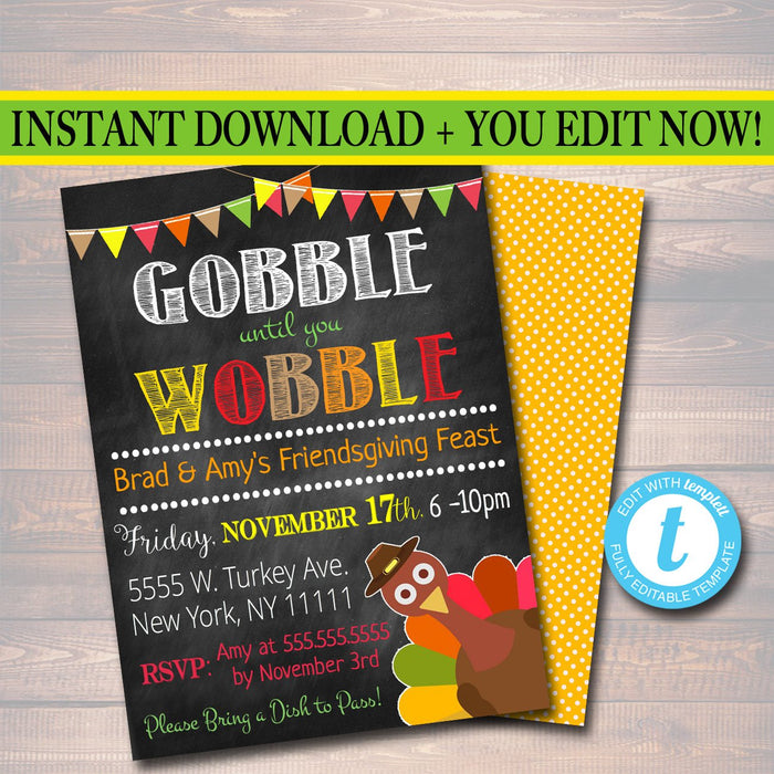 Printable Friendsgiving Party Invitation, Thanksgiving Party Invite,  Adult Thanksgiving Party, Gobble til you Wobble, Friendsgiving Feast