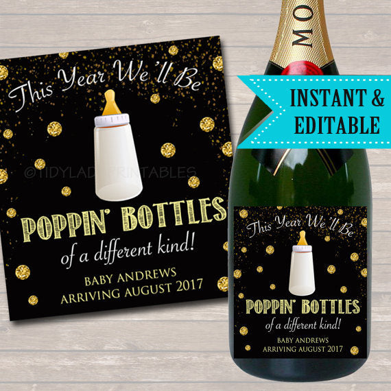 Baby Champagne Label New Years Pregnancy Announcement Printable Wine Label, New Years Eve Pregancy Reveal Poppin Bottles of a Different Kind