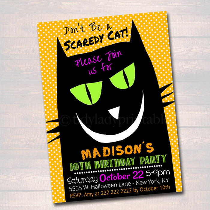 Printable Kid's Hallowen Party Invitation, Halloween Invite, Halloween Birthday Party, Costume Party Invitation, Black Scaredy Cat,