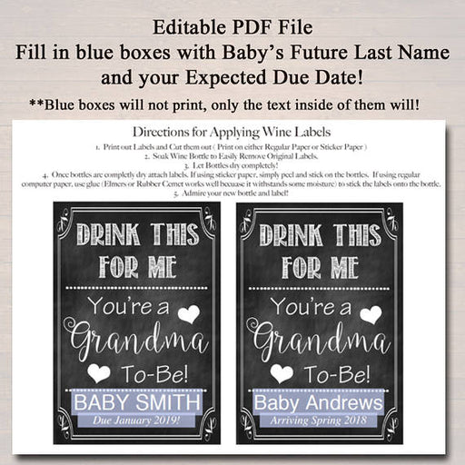 Drink This For Me Your A Grandma to Be Beer & Wine Label Pregnancy Announcement INSTANT and EDITABLE, Parents Mom Promoted Pregnancy Reveal