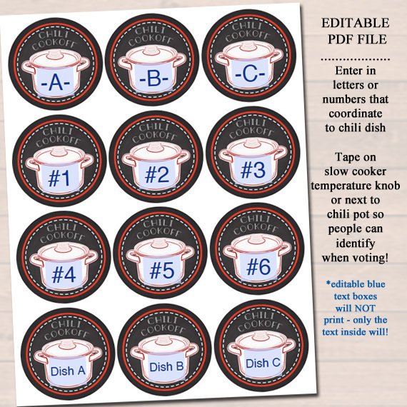 EDITABLE Chili Cookoff Labels, Family Picnic, Holiday BBQ Printable Chili Dish Intentifying Tags, Potluck Company Party, Fundraising Event