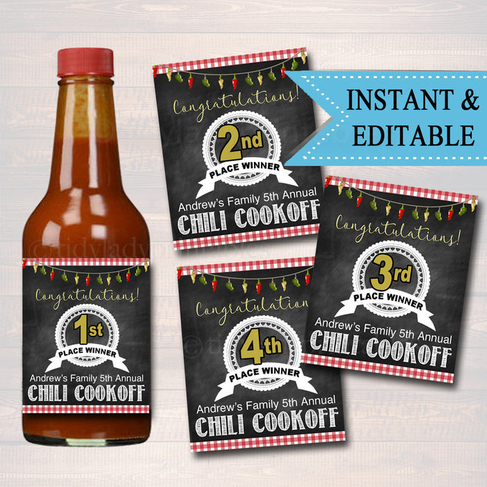 EDITABLE Chili Cookoff Hot Sauce AWARDS, Family Picnic, Holiday BBQ Printable Chili Label Prizes, Potluck Company Party, Fundraising Event