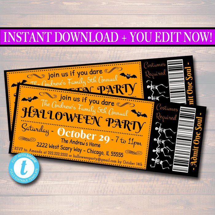 Printable Halloween Ticket Invitation, Costume Party Invitation, Birthday, Kid's Halloween Party Invite, Adult Halloween,