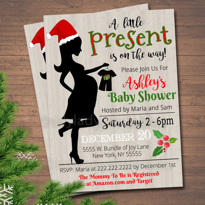 Christmas Baby Shower Party Invitation, Christmas Invite, Gender Reveal Santa, A little Present is on it's Way!