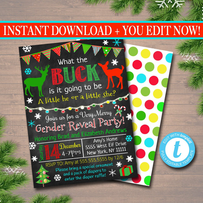 Gender Reveal Party Invitation, Christmas Invite, Holiday Baby Shower, What the Buck is it Going to Be Santa Baby,