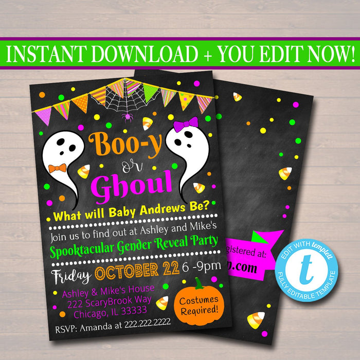 Gender Reveal Party Invitation, Halloween Invite, Halloween Baby Shower Ghost, Boo-y or Ghoul Costume Party Invite