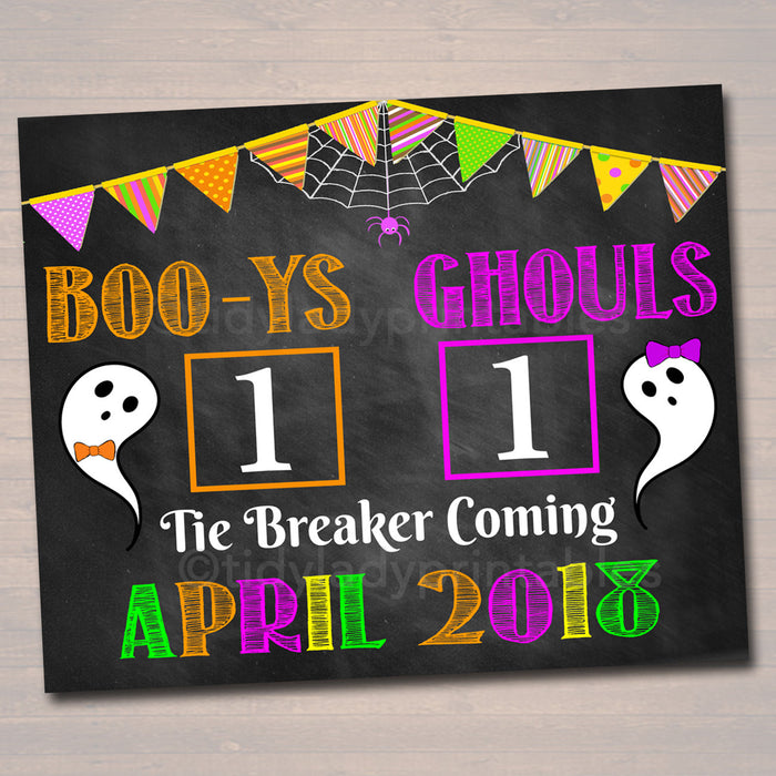 Tie Breaker Pregnancy Announcement, Printable Chalkboard Poster Sibling Pregancy Reveal, Expecting Third Child Halloween Sign Boo-y or Ghoul