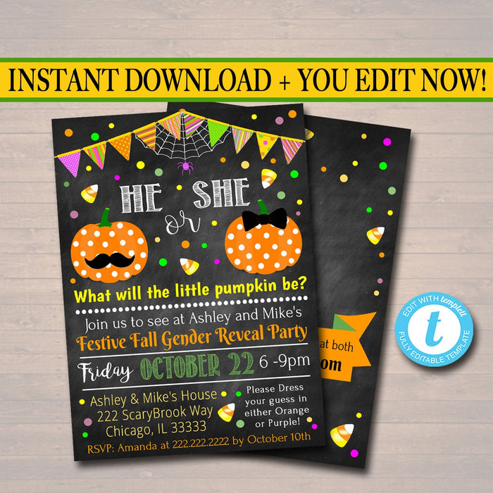 Gender Reveal Party Invitation, Halloween Invite, Halloween Baby Shower He or She Little Pumpkin Costume Party,