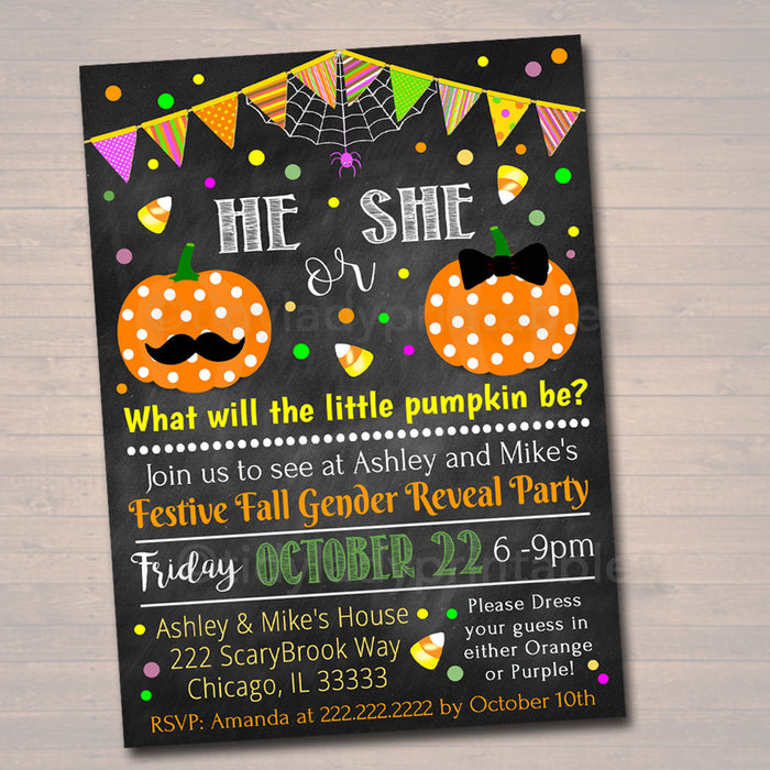 Gender Reveal Party Invitation, Halloween Invite, Halloween Baby Shower He or She Little Pumpkin Costume Party,