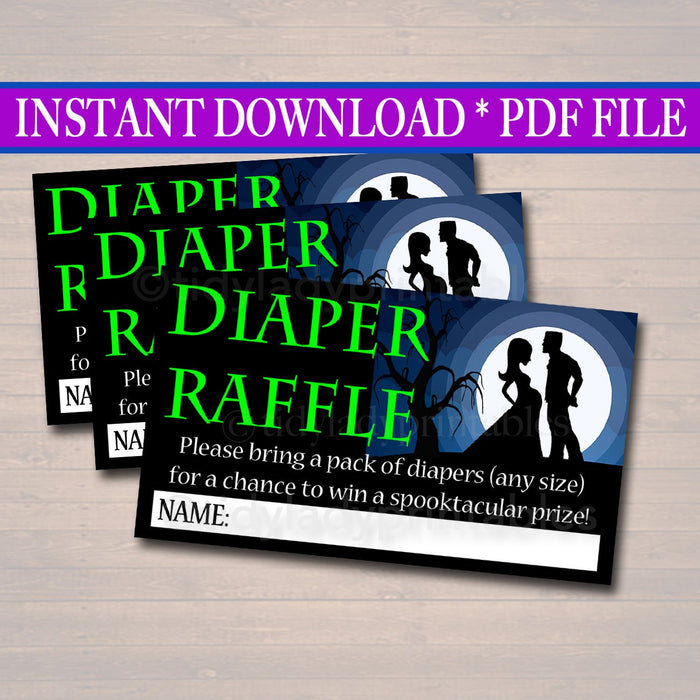 Printable Diaper Raffle Cards Gender Reveal Party, Halloween Invite, Halloween Baby Shower Decor, We've Created a Monster, INSTANT DOWNLOAD