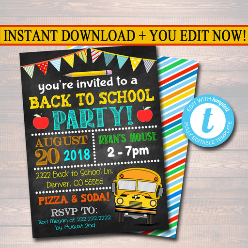 EDITABLE Back To School Party Invitation, Printable Digital Invite, Back to School, Backyard Party, End of Summer Bash chalkboard invitation