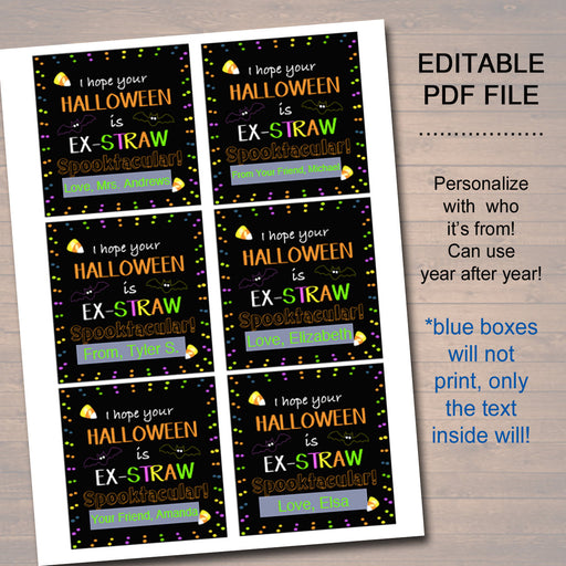 EDITABLE Straw Tags, INSTANT DOWNLOAD, Printable Kids Non-Candy, Hope Your Halloween is Spooktacular, Teacher Classroom Halloween Treat Gift