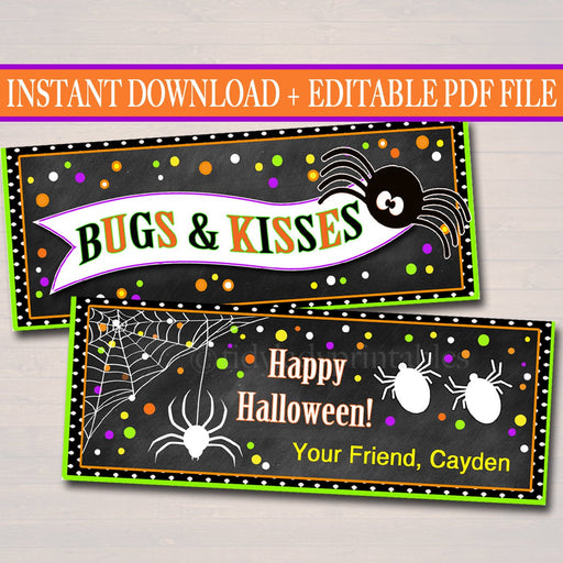 EDITABLE Bugs & Kisses Halloween Treat Bag Toppers, Halloween Favor Tags, Printable Trick or Treat Labels, Kids Halloween, INSTANT DOWNLOAD