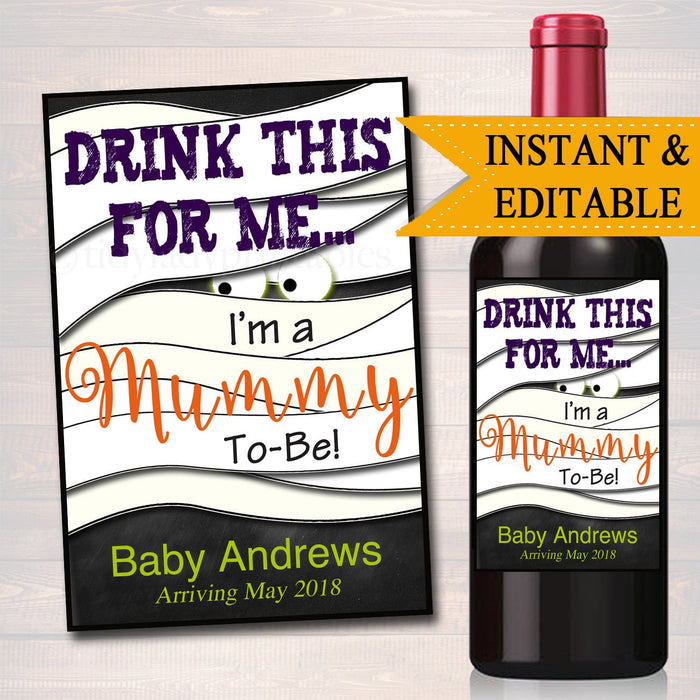 EDITABLE Wine Label Halloween Pregnancy Announcement Printable Chalkboard, Fall Pregancy Reveal I'm a Mummy To Be Wine Gift INSTANT DOWNLOAD