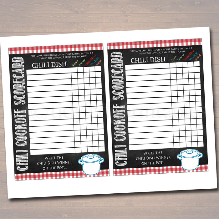 Chili Cookoff Scorecards, Family Picnic, Holiday Digital BBQ Printable Chili Dish Competition Tags, Potluck Company Party, Fundraising Event