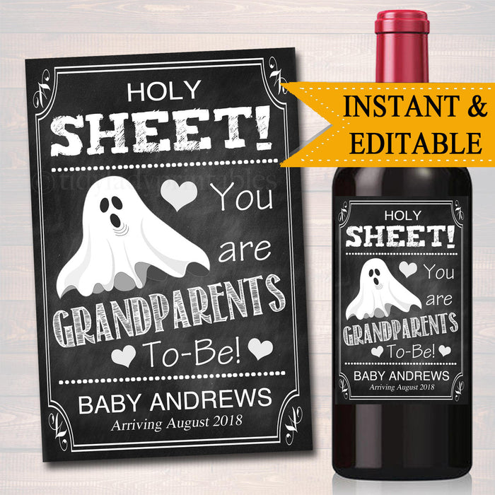 EDITABLE Wine Label Halloween Pregnancy Announcement Printable Chalkboard, Fall Pregancy Reveal Holy Sheet Grandparents, INSTANT DOWNLOAD