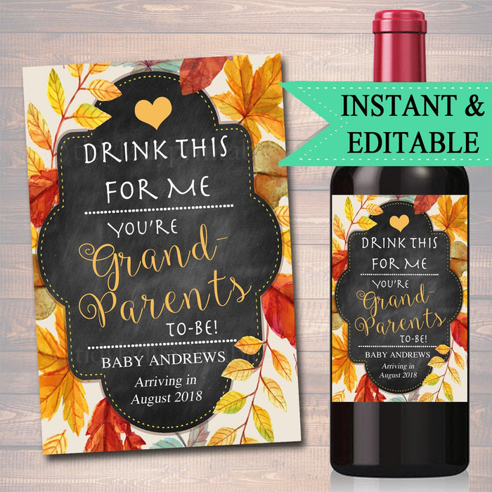 Drink This For Me Your Grandparents to Be Beer & Wine Label Pregnancy Announcement INSTANT and EDITABLE, Parents Promoted Pregnancy Reveal