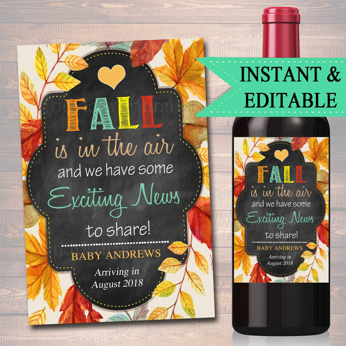 EDITABLE Wine Label Halloween Pregnancy Announcement Printable Chalkboard, Pumpkin Fall Pregancy Reveal Fall is in The Air, INSTANT DOWNLOAD