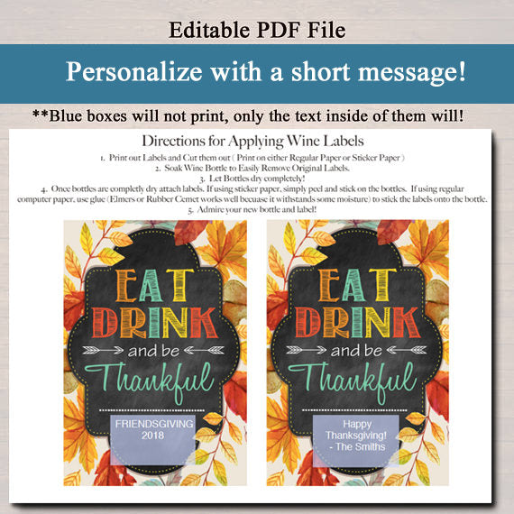 EDITABLE Wine Label Thanksgiving Floral Printable Chalkboard, Pumpkin Fall Friendsgiving, INSTANT DOWNLOAD Eat Drink and be Thankful Gift