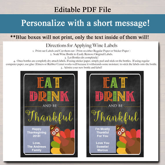 EDITABLE Wine Label Thanksgiving Turkey Printable Chalkboard, Pumpkin Fall Friendsgiving, INSTANT DOWNLOAD Eat Drink and be Thankful Gift