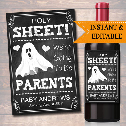 EDITABLE Wine Label Halloween Pregnancy Announcement Printable Chalkboard, Fall Pregancy Reveal Holy Sheet Parents to be, INSTANT DOWNLOAD