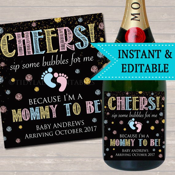 EDITABLE Baby Champagne Label Pink & Blue Pregnancy Announcement Printable Wine Label, New Years Reveal, Sip Some Bubbles For Me Mommy To Be