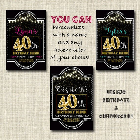 40th Birthday Custom Wine Labels, Cheers to 40 Years, 40th Birthday Gift, Anniversary, Vintage Aged to Perfection 40th Printable