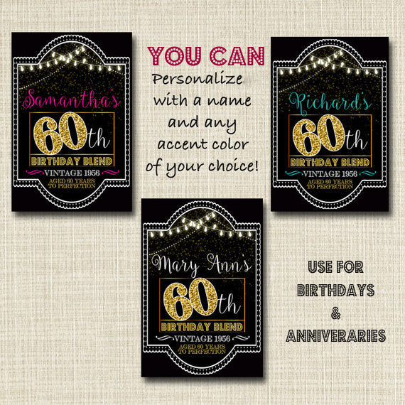 60th Birthday Custom Wine Labels, Cheers to 60 Years, 60th Anniversary Gift, 60th Party, Vintage Aged to Perfection 60th Birthday