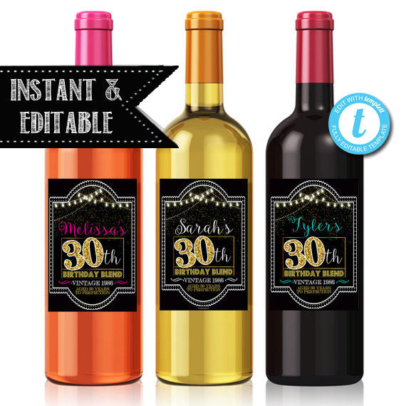 30th Birthday Custom Wine Labels, Cheers to 30 Years, 30th Birthday Gift, 30th Party, Vintage Aged to Perfection 30th Printable
