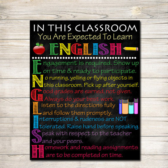 ENGLISH Classroom Poster,  English Classroom Decor, Classroom Rules Poster, High School English Teacher, English Teacher Gifts, ELA Teacher