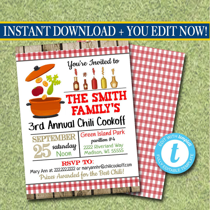 Chili Cookoff Flyer/Invitation, Family Picnic, BBQ Invite,  Printable Invitation Company Flyer, Barbecue Party, Fundraising Event