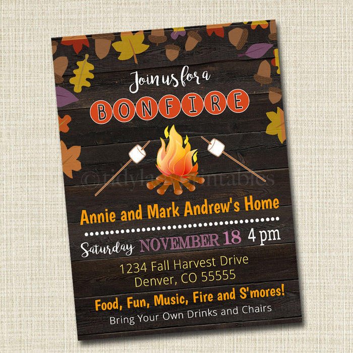Fall Harvest Bonfire Invitation, Family Picnic, BBQ Invite,  Printable Invitation Chili Cookoff, S'mores Party, Fundraising Event