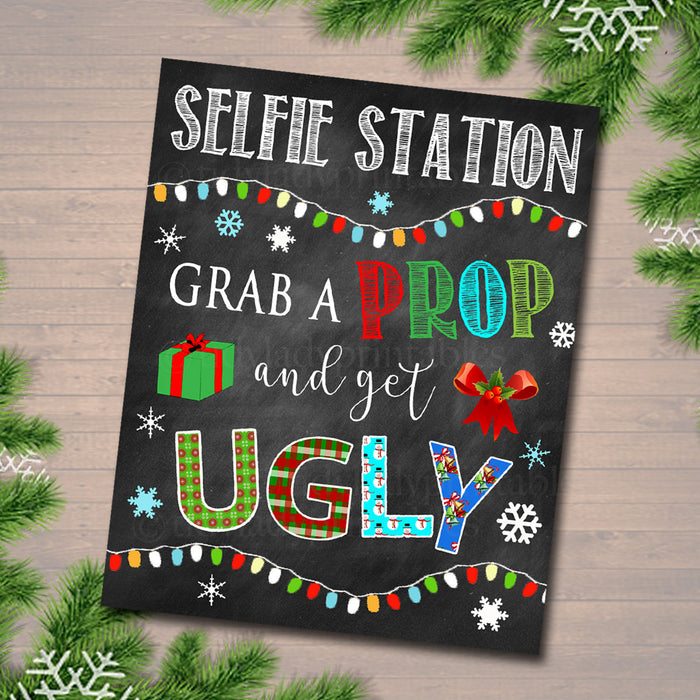 Printable Holiday Photo Booth Signs, Selfie Station Grab a Prop Christmas Decor, Printable Art INSTANT DOWNLOAD Christmas Ugly Sweater Party