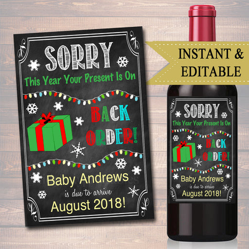 EDITABLE Wine Label Christmas Pregnancy Announcement, Printable Chalkboard Wine Label Holiday Pregancy Reveal, Xmas Present is on Back Order