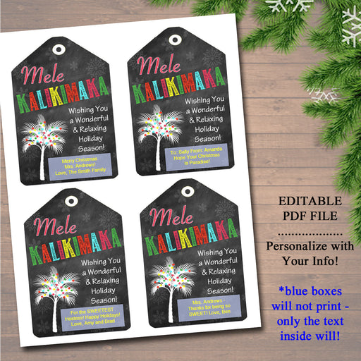 EDITABLE Holiday Mele Kalikimaka Gift Tags, Christmas Tags, Pineapple Printable Teacher Gifts, Hostess Gift, Hawaiian Xmas INSTANT DOWNLOAD