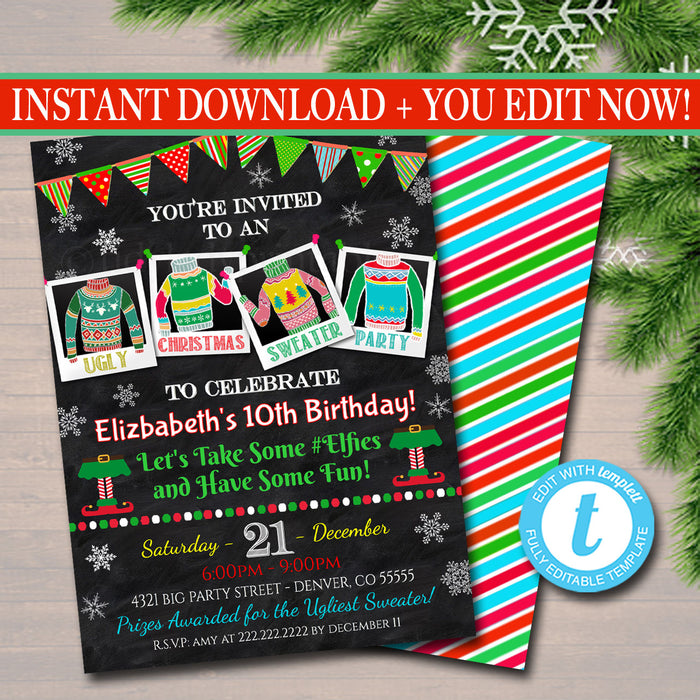 Ugly Sweater Party Invitation, Christmas Party Invitation Holiday Birthday Invite Kids Christmas Party, Holiday Ugly Sweater Invite