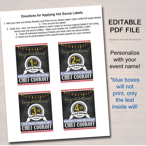 EDITABLE Chili Cookoff Hot Sauce AWARDS, Family Picnic, Holiday BBQ Printable Chili Label Prizes, Potluck Company Party, Fundraising Event