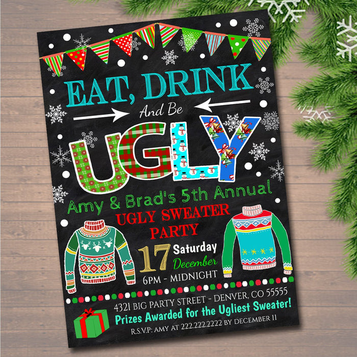 Ugly Sweater Party Invitation, Christmas Party Invitation Holiday Eat, Drink & Be Ugly Christmas Party, Holiday Ugly Sweater Invite