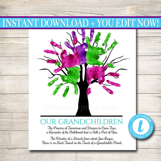 EDITABLE Grandparent Gift, CUSTOM Grandkids Thumbprint Art, Grandkids Handprint Art, Thumbprint Tree Poster, Grandparents Day Poem Gift