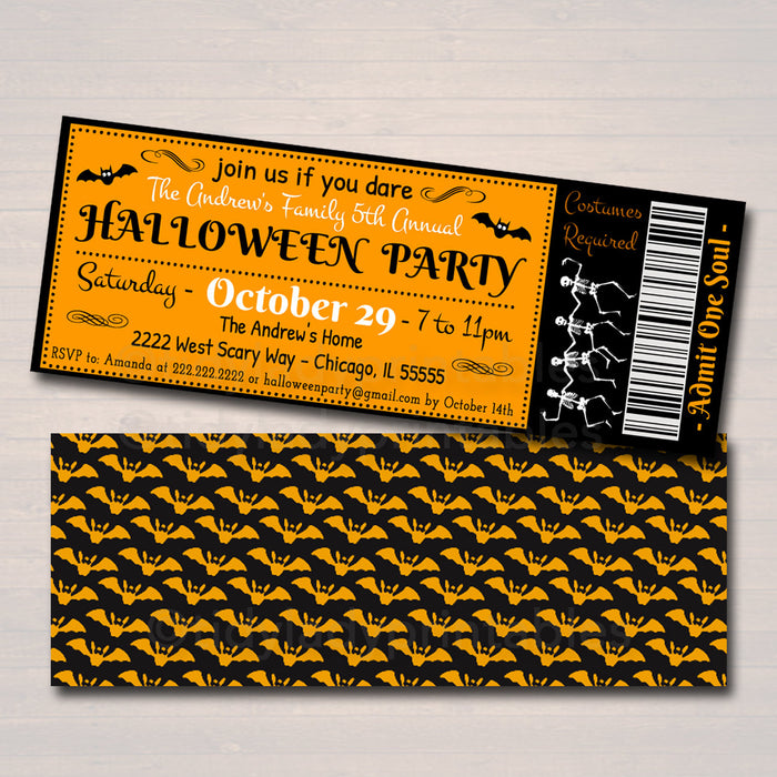Printable Halloween Ticket Invitation, Costume Party Invitation, Birthday, Kid's Halloween Party Invite, Adult Halloween,