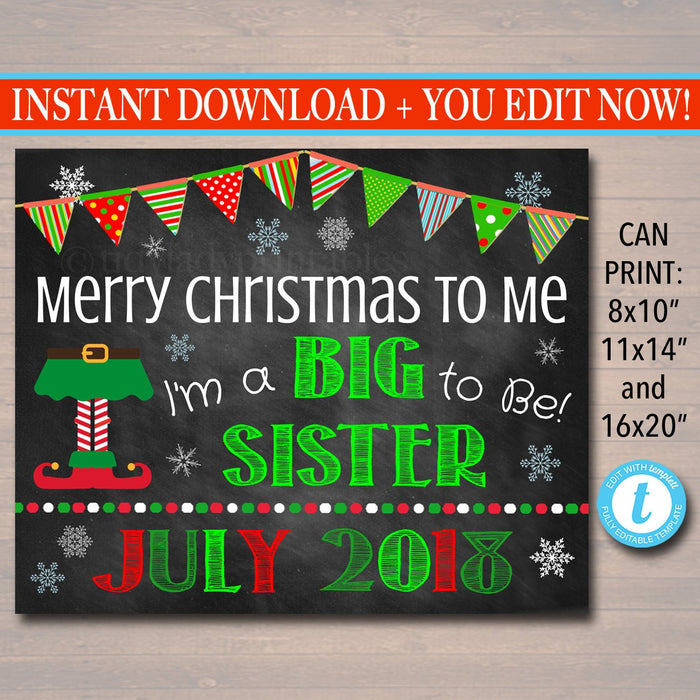 Christmas Big Sister Pregnancy Announcement, Printable Chalkboard Photo Prop, Xmas Pregancy Reveal, Merry Christmas To Me Sibling Xmas Sign