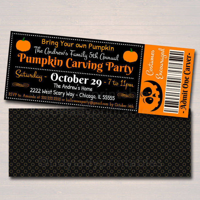 Halloween Ticket Invitation, Costume Party Invitation, Birthday, Kid's Halloween Party Invite, Pumpkin Carving Party Ticket Invite