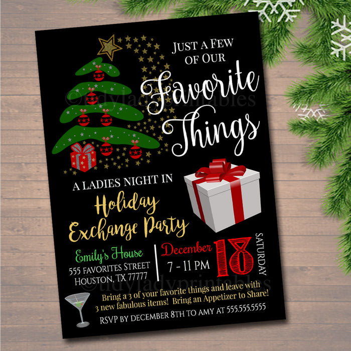 Favorite Things Exchange Party Invitation, Bridal Shower Invite, Teacher Party Holiday Invite, Dirta Santa Party